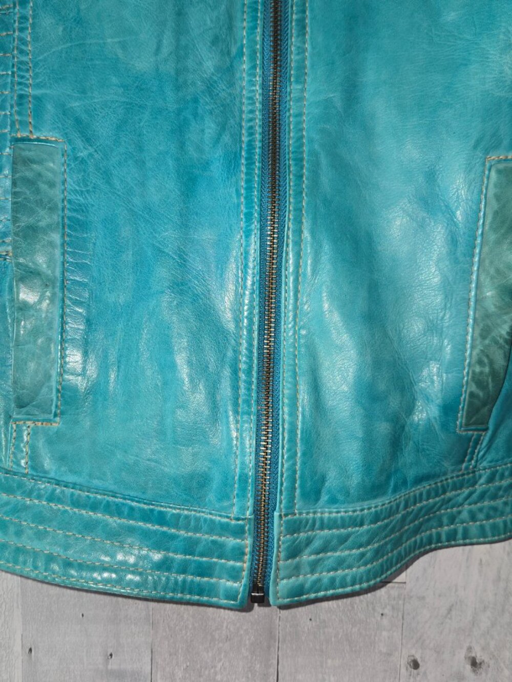 Danier Vintage Turquoise Leather Moto Bomber Jacket Y2K Retro XXS Size 3 - Picture 2 of 10